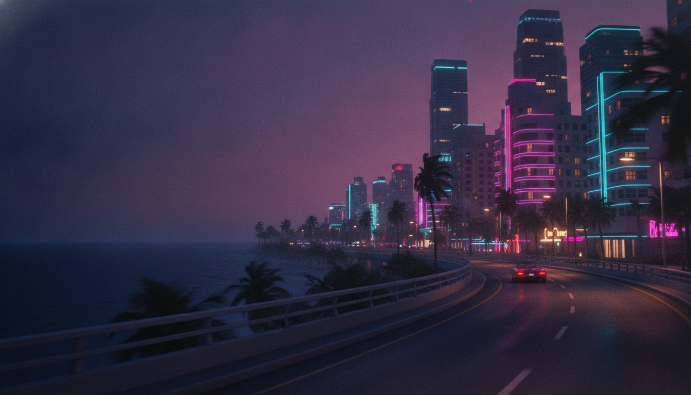 Editorial illustration of a coastal causeway leading into a neon Florida-style city at dusk