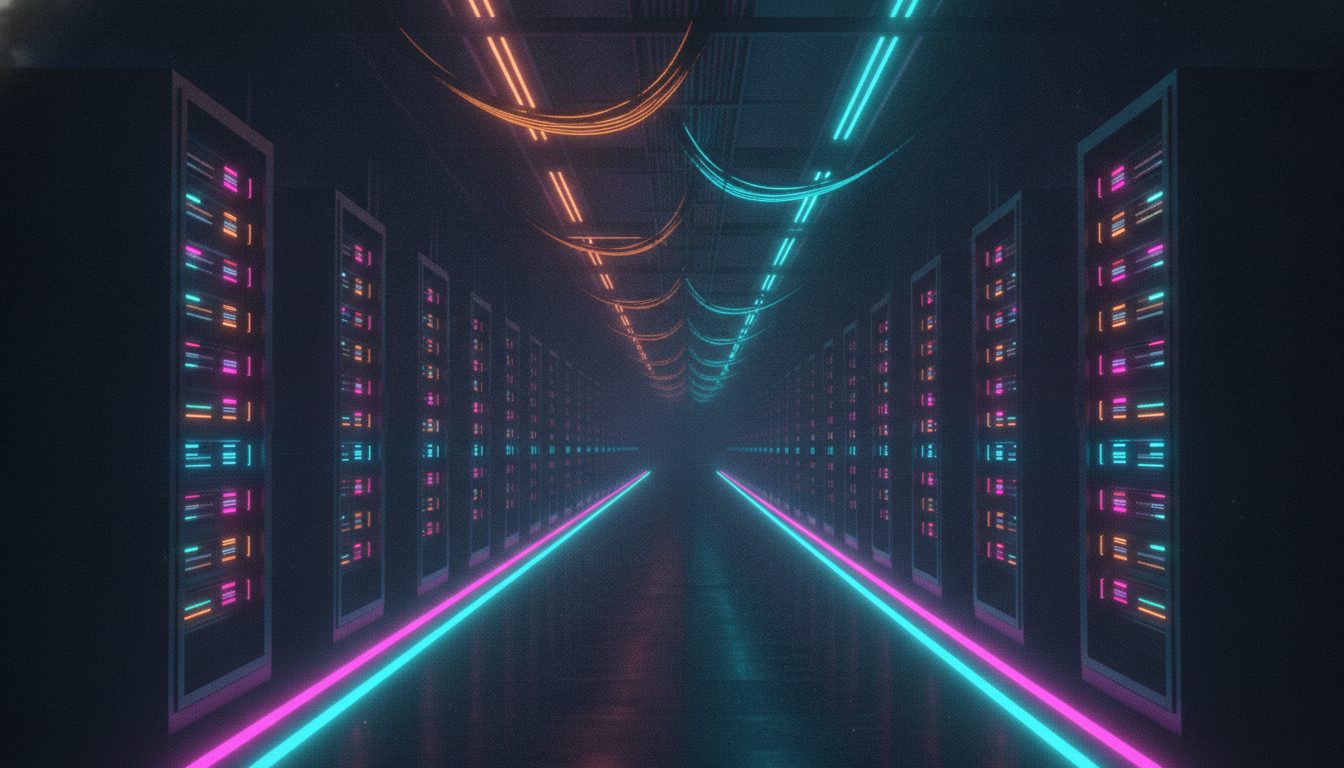 Editorial illustration of rows of glowing game-server racks in a dark data hall