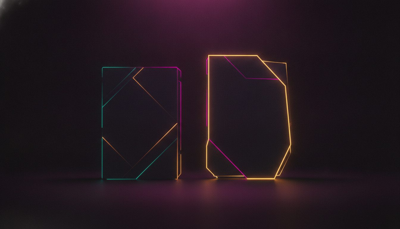 Editorial illustration of two neon-outlined game cases, one edged in gold