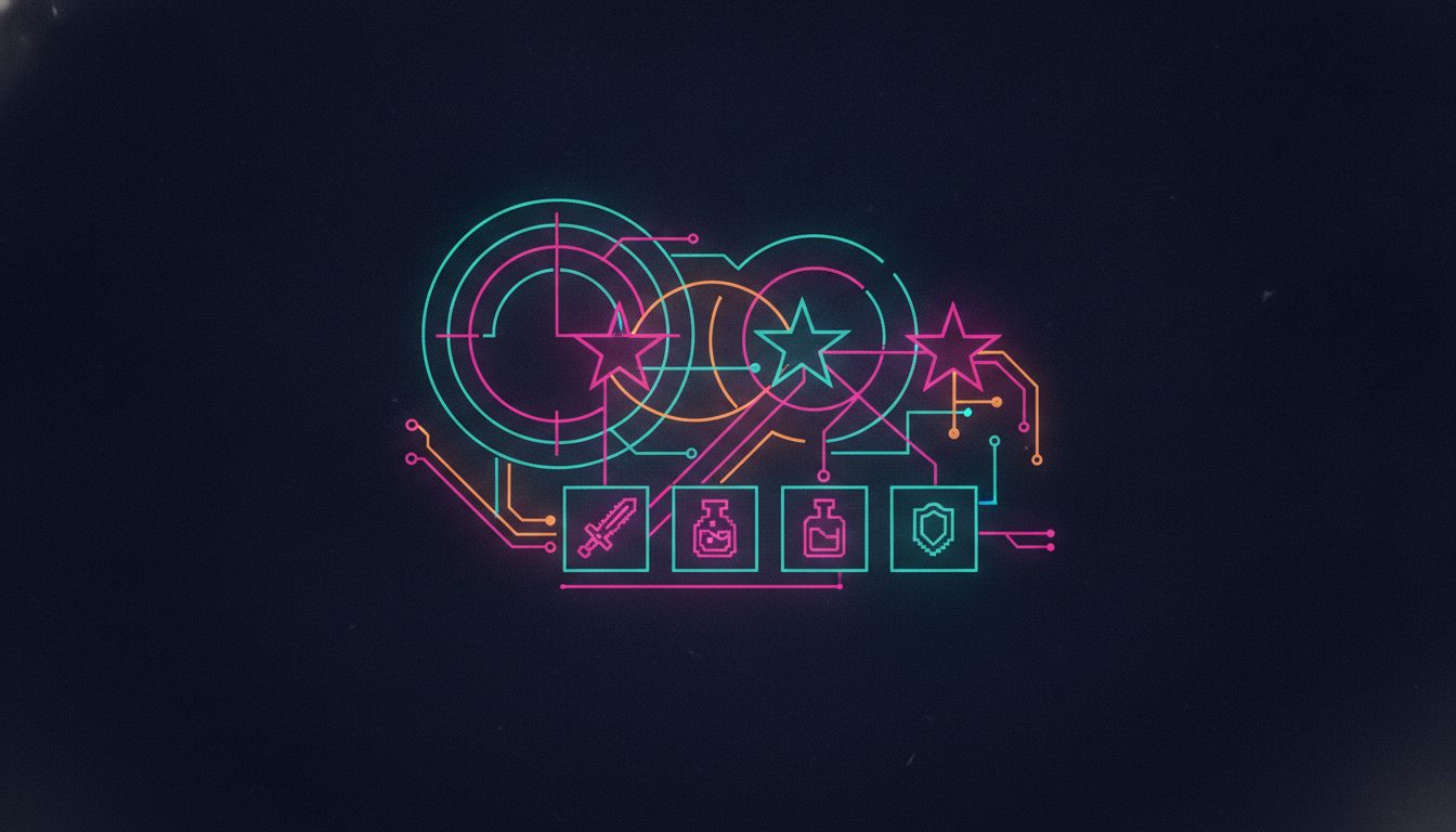 Editorial illustration of neon game-system icons: wanted stars, a radar ring and inventory slots