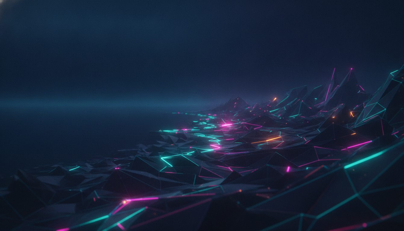 Editorial illustration of glowing network lines over a dark, faceted coastline