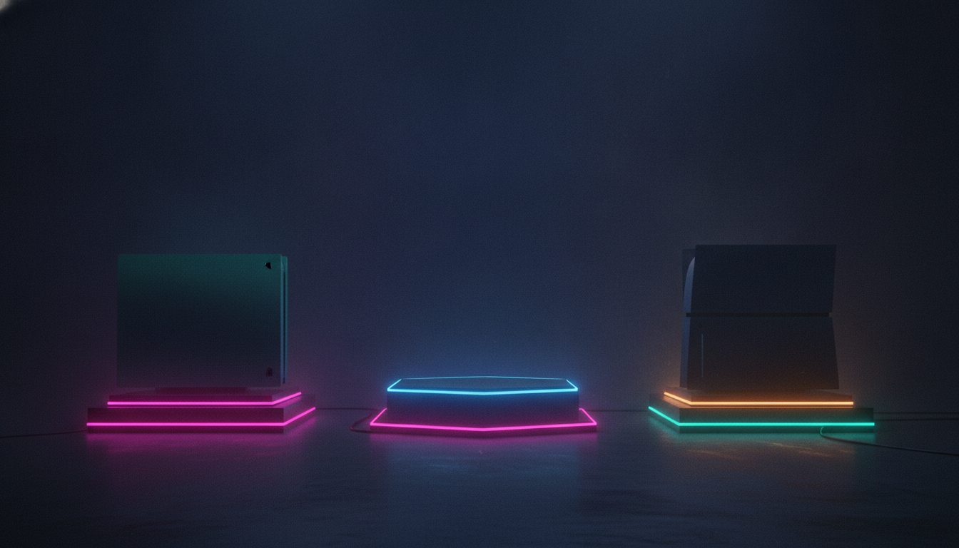 Editorial illustration of two console silhouettes on neon pedestals beside an empty third