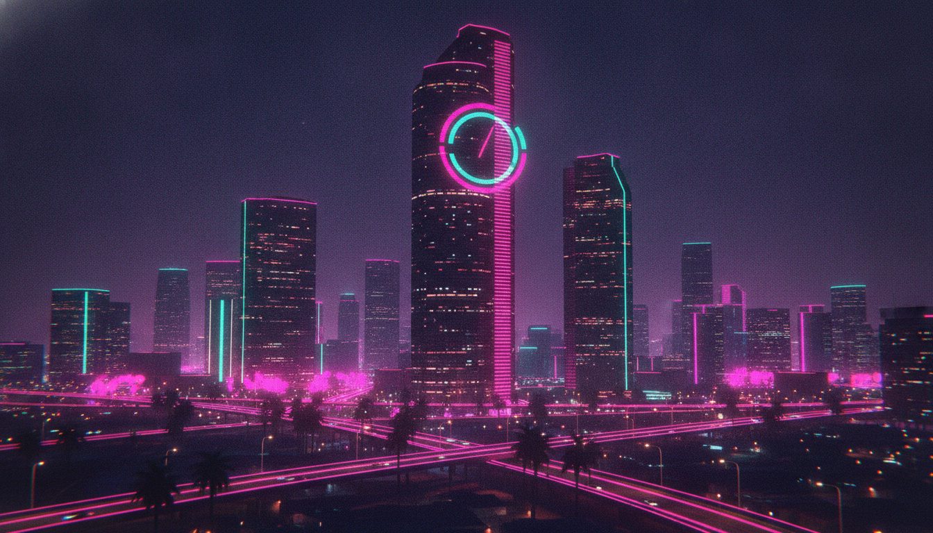 Editorial illustration of a neon Vice City-style skyline at dusk with a clock face on the tallest tower