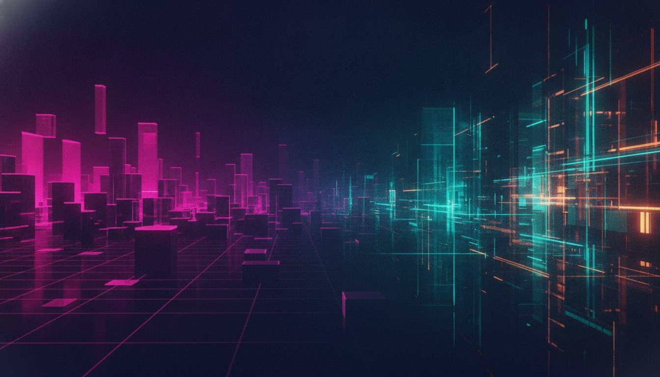 Editorial illustration of abstract city blocks evolving from a pixel grid into a neon skyline
