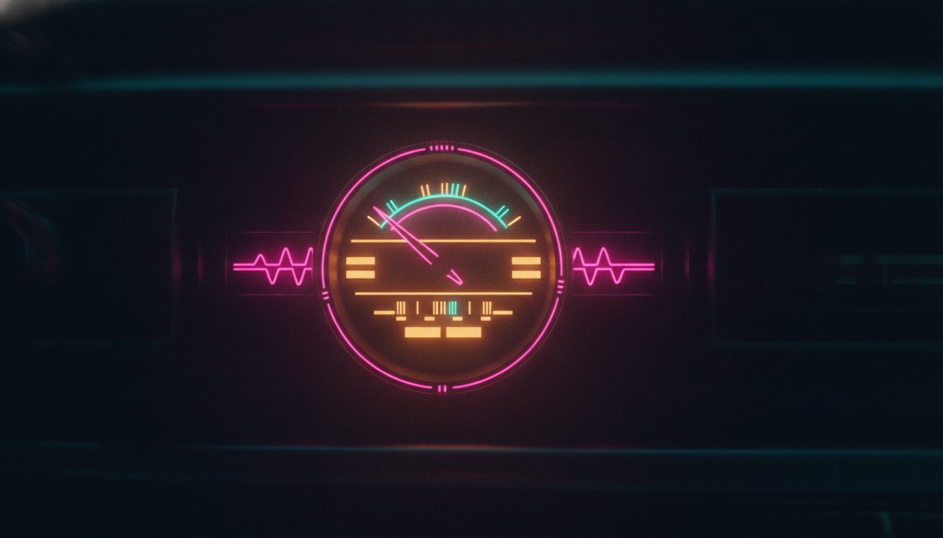 Editorial illustration of a glowing retro car-radio dial in neon pink and amber