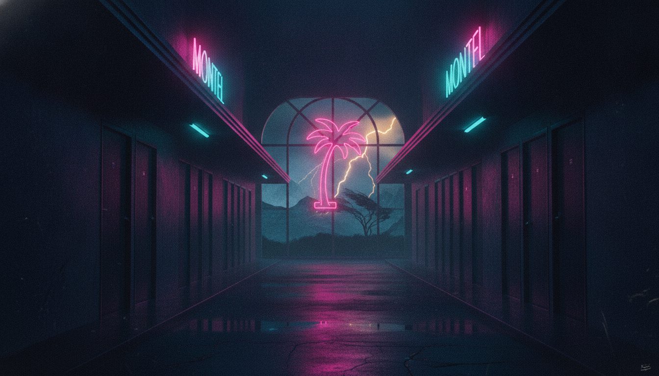 Editorial illustration of a neon-lit motel corridor at night with a storm beyond the window