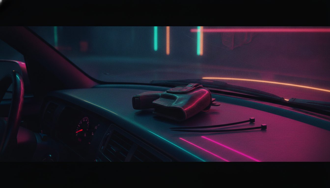 Editorial illustration of an empty holster and zip ties on a car dashboard at dusk