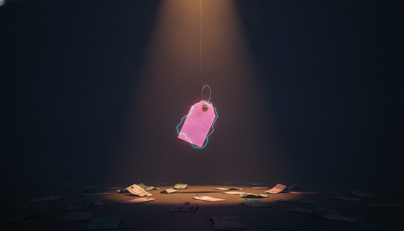 Editorial illustration: A glowing price tag hanging from a single beam of light in a dark room