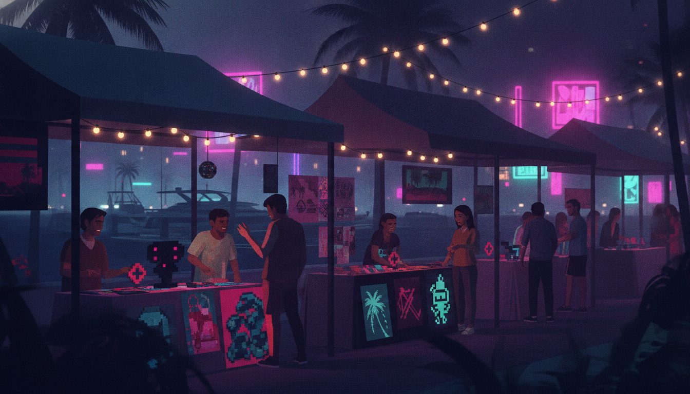 Editorial illustration of a waterfront swap meet under string lights after sunset
