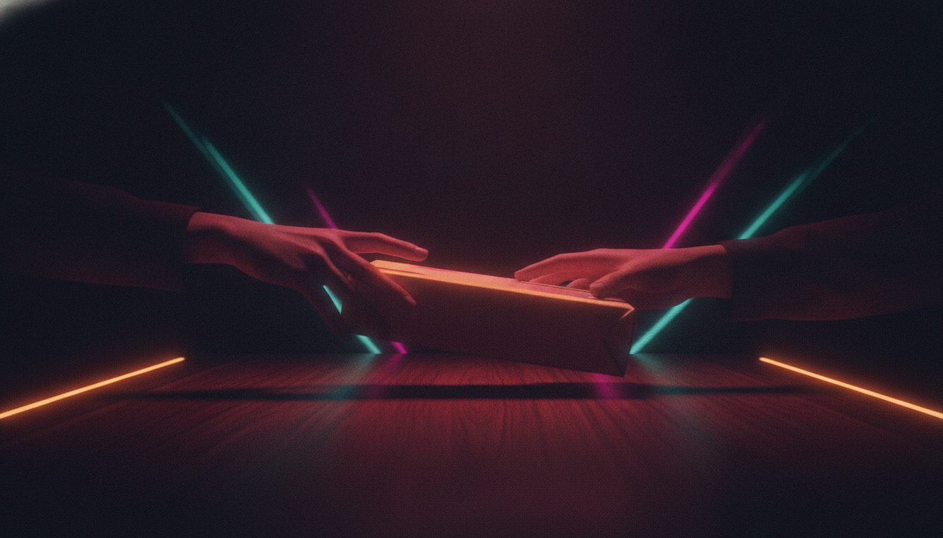 Editorial illustration: Two hands exchanging an unmarked package over a table in warm light