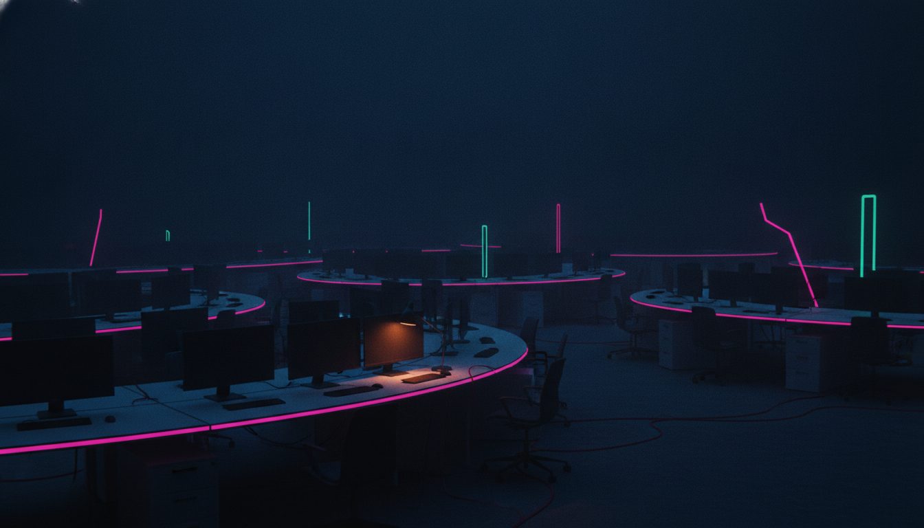 Editorial illustration: An empty open-plan studio at night with rows of dark monitors and one desk lamp lit