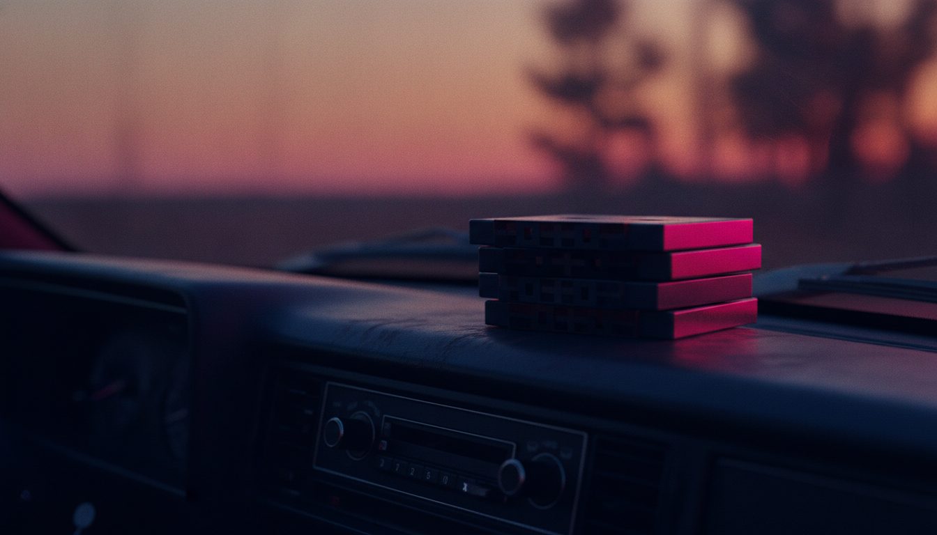 Editorial illustration: A stack of 1980s cassette tapes on a car dashboard at sunset