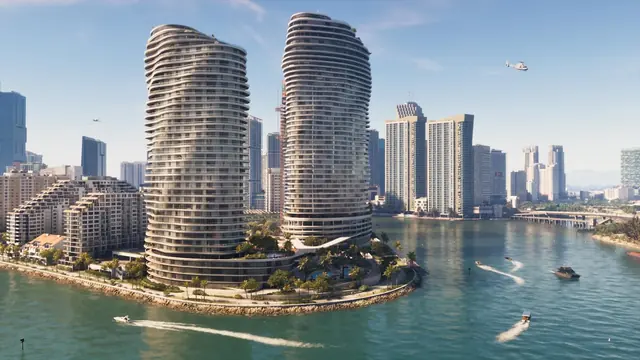 Official GTA VI screenshot of Vice City towers and waterways